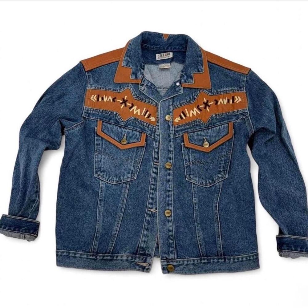 Vintage Stefano denim jacket w brown leather trim Size: S Mens